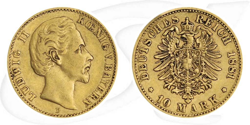 Bayern 1881 10 Mark Gold Ludwig II Deutschland Münze Vorderseite und Rückseite zusammen