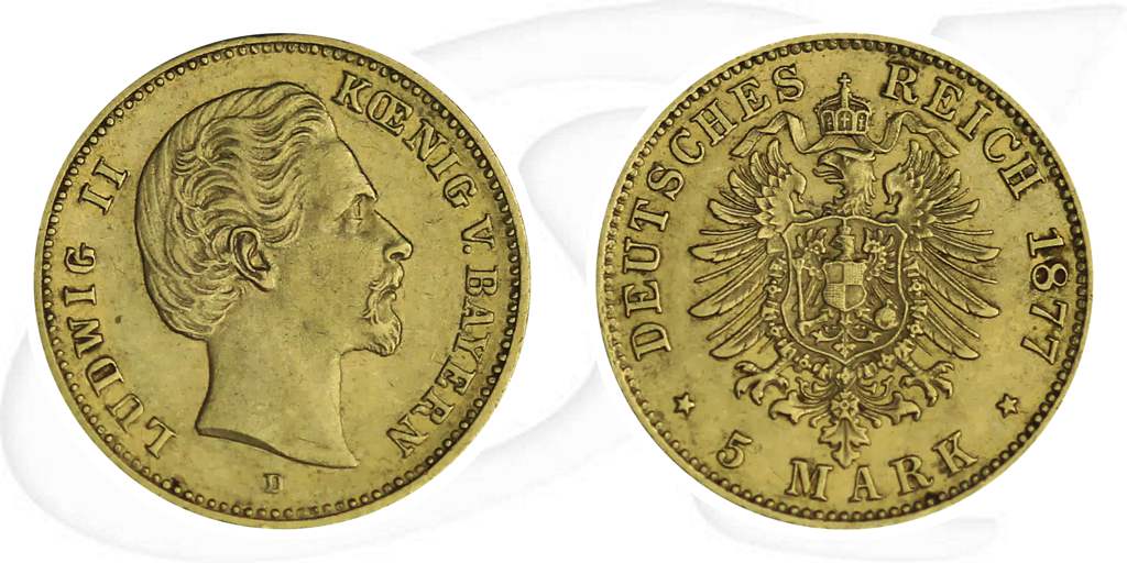Bayern Gold 5 Mark Ludwig II. 1877 Münze Vorderseite und Rückseite zusammen