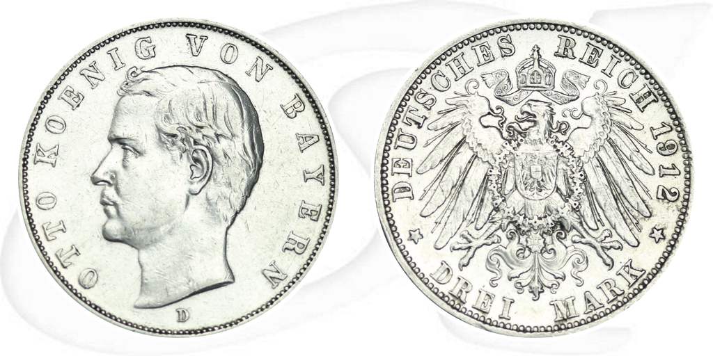 Bayern Otto 1912 3 Mark Münze Vorderseite und Rückseite zusammen