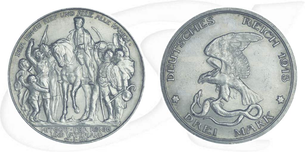 Befreiungskriege 3 Mark Preussen 1913 Münze Vorderseite und Rückseite zusammen