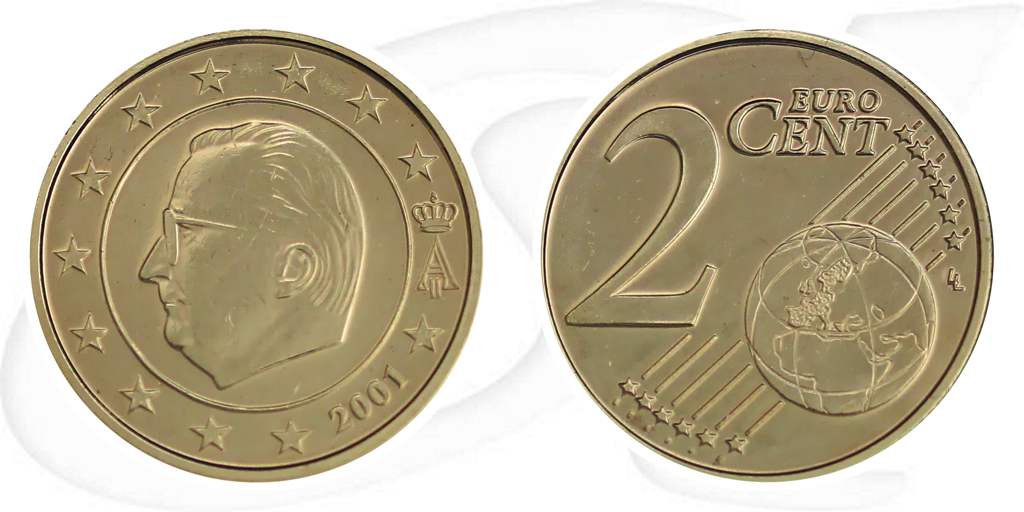 Belgien 2001 2 Cent Umlauf Kurs Münze Vorderseite und Rückseite zusammen