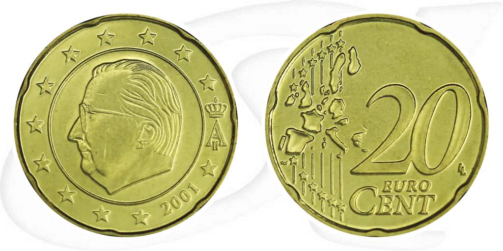 Belgien 2001 20 Cent Umlauf Kurs Münze Vorderseite und Rückseite zusammen