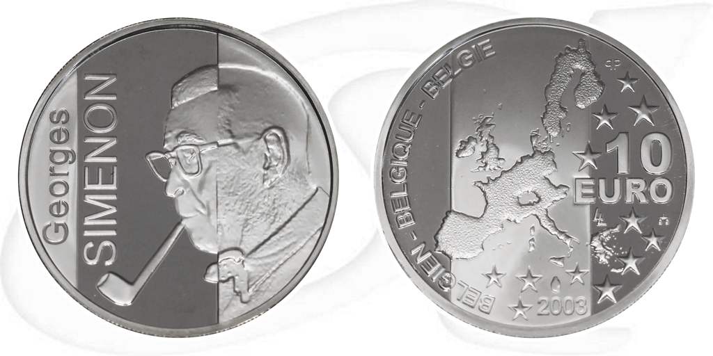 Belgien 2003 Simenon 10 Euro Münze Vorderseite und Rückseite zusammen