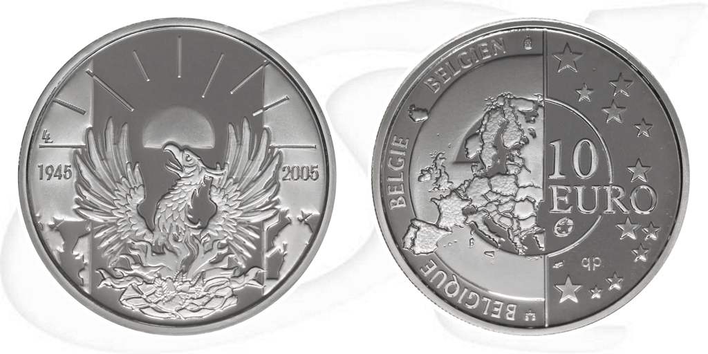 Belgien 2005 Frieden 10 Euro Freiheit Münze Vorderseite und Rückseite zusammen