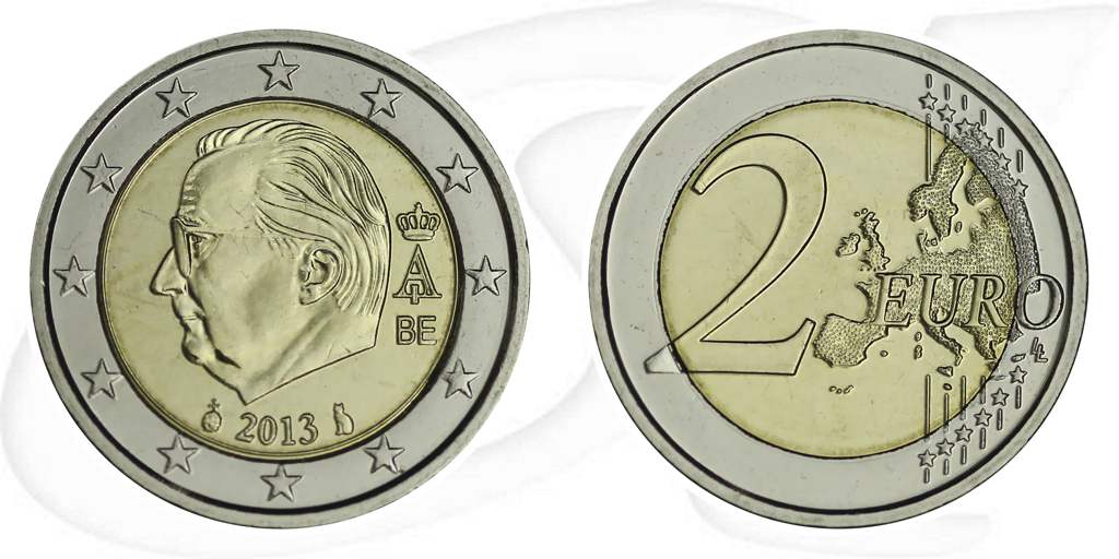 Belgien 2013 2 Euro Umlaufmünze Kursmünze Münze Vorderseite und Rückseite zusammen