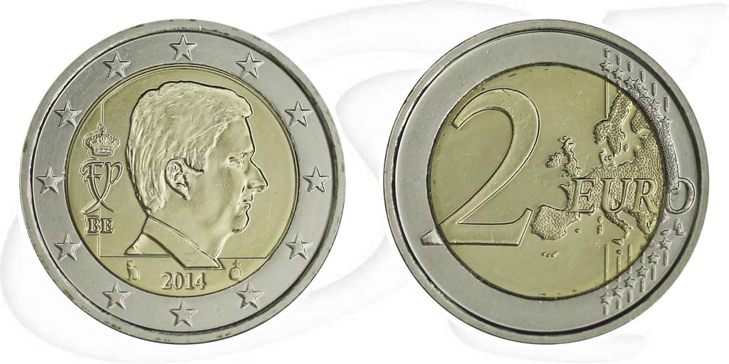 Belgien 2014 2 Euro Umlaufmünze Kursmünze Münze Vorderseite und Rückseite zusammen