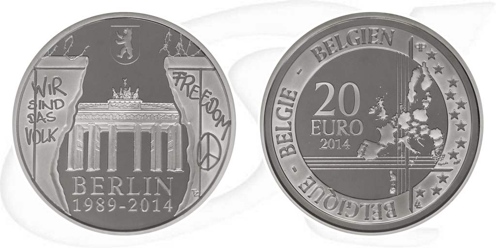 Belgien 2014 Berliner Mauer 20 Euro Münze Vorderseite und Rückseite zusammen