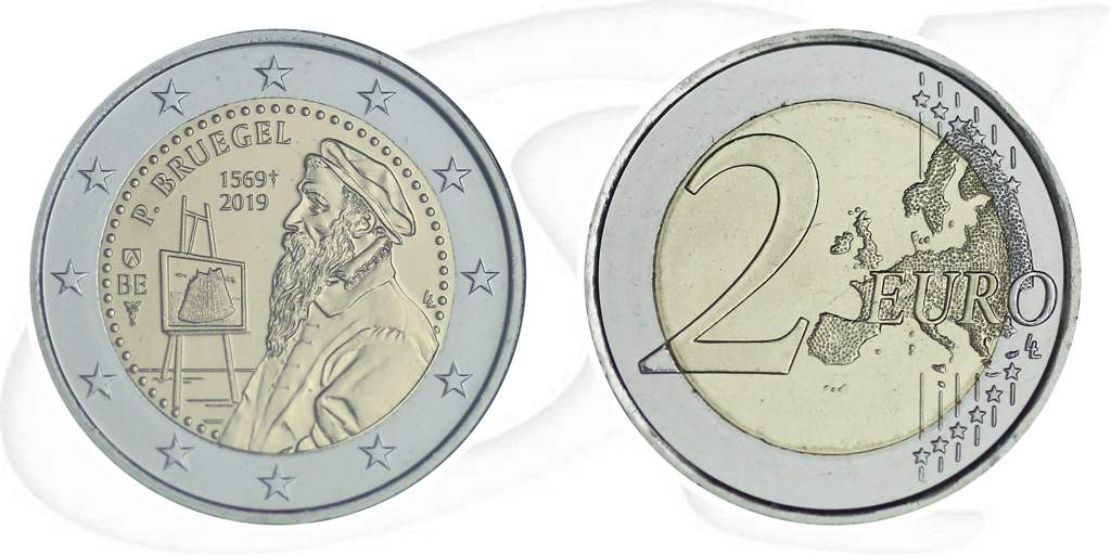 Belgien 2019 2 Euro Bruegel Münze Vorderseite und Rückseite zusammen