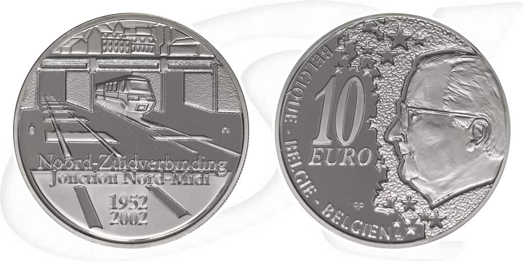 Berlgien 2002 Nord Süd Verbindung 10 Euro Münze Vorderseite und Rückseite zusammen