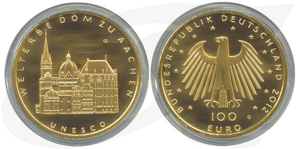 BRD 100 Euro 2012 G st OVP Dom zu Aachen Anlagegold 15,55g fein