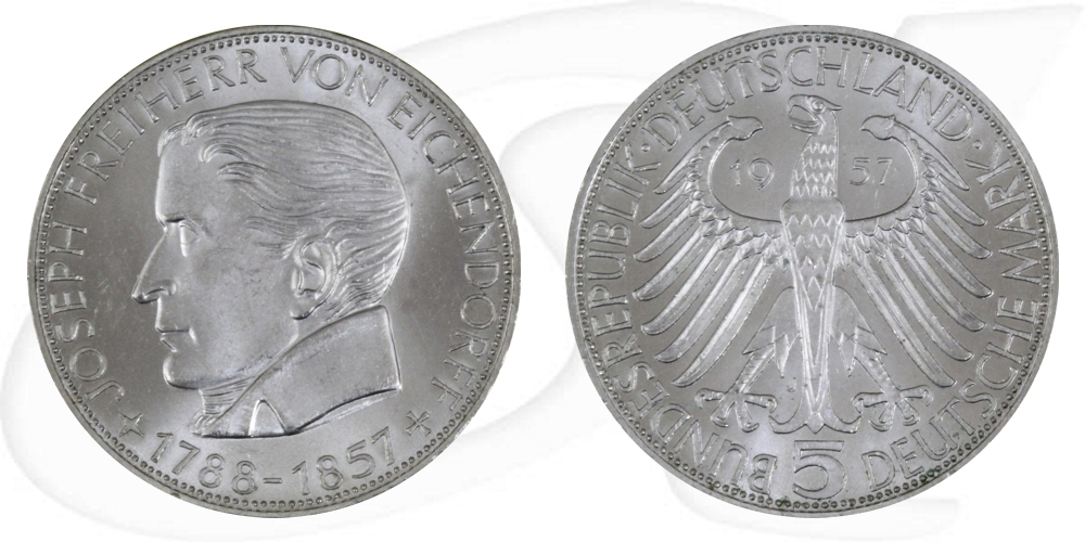 BRD 5 DM 1957 J vz-st Silber Gedenkmünze Freiherr von Eichendorff Vorderseite und Rückseite zusammen
