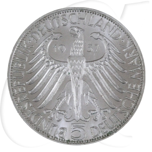 BRD 5 DM 1957 J vz-st Silber Gedenkmünze Freiherr von Eichendorff Wertseite
