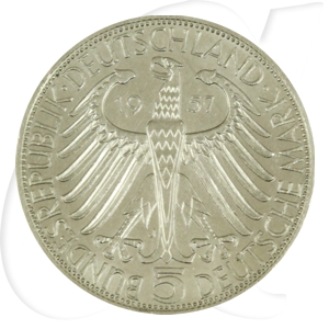 BRD 5 DM 1957 J vz Silber Gedenkmünze Freiherr von Eichendorff Wertseite