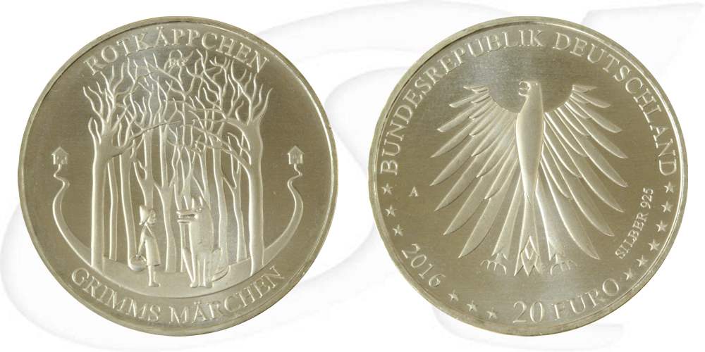 BRD 20 Euro Silber 2016 A st Grimms Märchen - Rotkäppchen Vorderseite und Rückseite zusammen