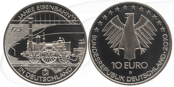 BRD 10 Euro Silber 2010 D 175 J.Eisenbahn in Deutschland st