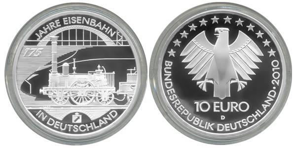 BRD 10 Euro Silber 2010 D 175 J. Eisenbahn in Deutschland PP (Spgl)