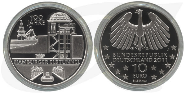 BRD 10 Euro Silber 2011 J 100 Jahre Hamburger Elbtunnel PP (Spgl)