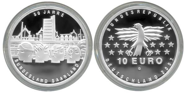 BRD 10 Euro Silber 2007 G 50 Jahre Saarland PP (Spgl)