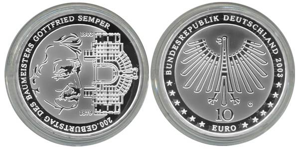 BRD 10 Euro Silber 2003 G 200 Geb. Gottfried von Semper PP (Spgl)