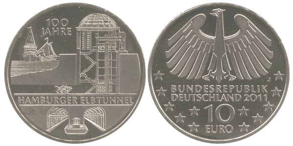 BRD 10 Euro CuNi 2011 J 100 Jahre Hamburger Elbtunnel st
