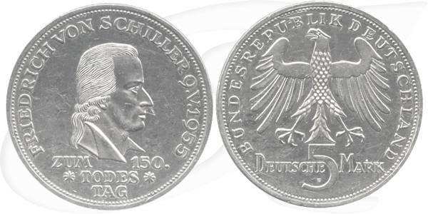 BRD 5 DM 1955 F vz Silber Gedenkmünze 150. Todestag Friedrich von Schiller Vorderseite und Rückseite zusammen