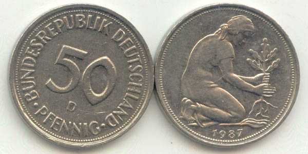 BRD 50 Pf J384a Kursmünze 1987 D circ. Bildseite und Wertseite zusammen ohne Münzkapsel