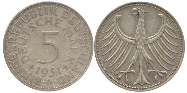 BRD 5 DM J387 Kursmünze Silber 1951 D circ. Heiermann Vorderseite und Rückseite zusammen