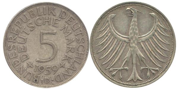 BRD 5 DM J387 Kursmünze Silber 1959 D circ. Heiermann Vorderseite und Rückseite zusammen