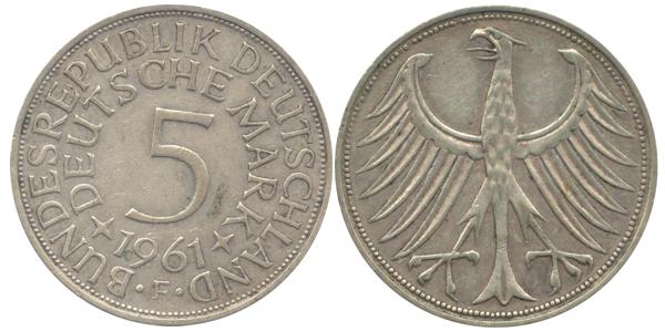 BRD 5 DM J387 Kursmünze Silber 1961 F circ. Heiermann Vorderseite und Rückseite zusammen Bundespepublik Deutschland