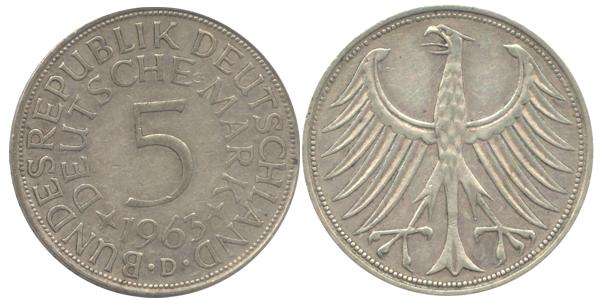 BRD 5 DM J387 Kursmünze Silber 1963 D circ. Heiermann Vorderseite und Rückseite zusammen Bundespepublik Deutschland