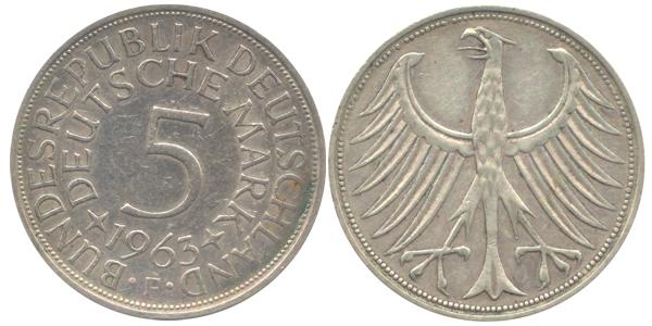BRD 5 DM J387 Kursmünze Silber 1963 F circ. Heiermann Vorderseite und Rückseite zusammen Bundespepublik Deutschland
