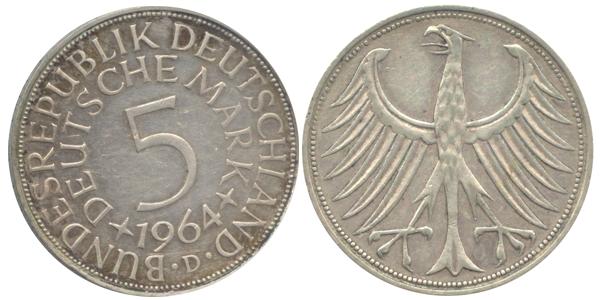 BRD 5 DM J387 Kursmünze Silber 1964 D circ. Heiermann Vorderseite und Rückseite zusammen Bundespepublik Deutschland