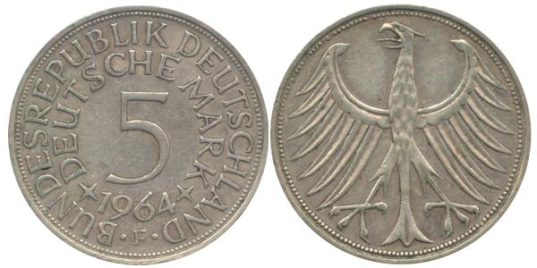 BRD 5 DM J387 Kursmünze Silber 1964 F circ. Heiermann Vorderseite und Rückseite zusammen Bundespepublik Deutschland