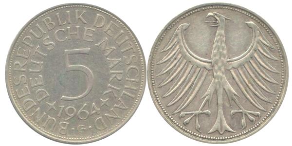 BRD 5 DM J387 Kursmünze Silber 1964 G circ. Heiermann Vorderseite und Rückseite zusammen Bundespepublik Deutschland