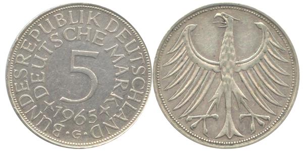 BRD 5 DM J387 Kursmünze Silber 1965 G circ. Heiermann Vorderseite und Rückseite zusammen Bundespepublik Deutschland
