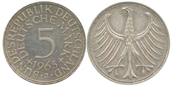 BRD 5 DM J387 Kursmünze Silber 1965 J circ. Heiermann Vorderseite und Rückseite zusammen Bundesrepublik Deutschland