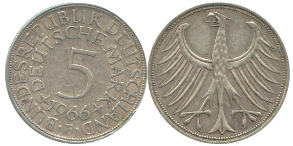 BRD 5 DM J387 Kursmünze Silber 1966 F circ. Heiermann Vorderseite und Rückseite zusammen Bundesrepublik Deutschland