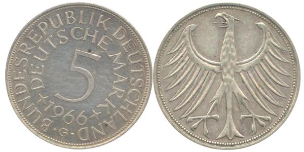 BRD 5 DM J387 Kursmünze Silber 1966 G circ. Heiermann Vorderseite und Rückseite zusammen Bundesrepublik Deutschland
