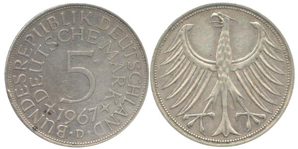 BRD 5 DM J387 Kursmünze Silber 1967 D circ. Heiermann Vorderseite und Rückseite zusammen Bundesrepublik Deutschland