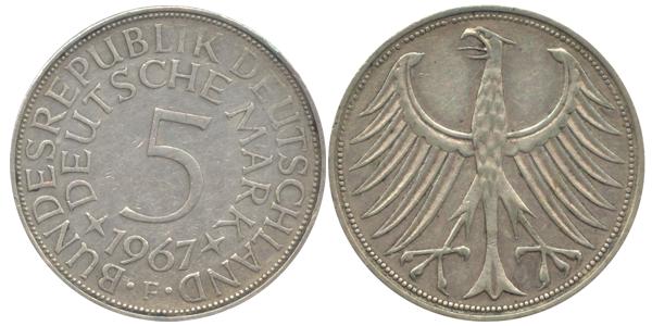 BRD 5 DM J387 Kursmünze Silber 1967 F circ. Heiermann Vorderseite und Rückseite zusammen Bundesrepublik Deutschland