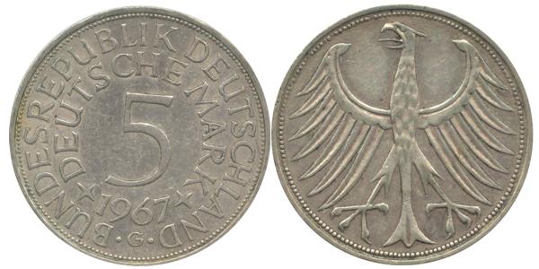 BRD 5 DM J387 Kursmünze Silber 1967 G circ. Heiermann Vorderseite und Rückseite zusammen Bundesrepublik Deutschland