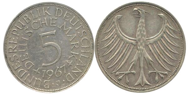 BRD 5 DM J387 Kursmünze Silber 1967 J circ. Heiermann Vorderseite und Rückseite zusammen Bundesrepublik Deutschland