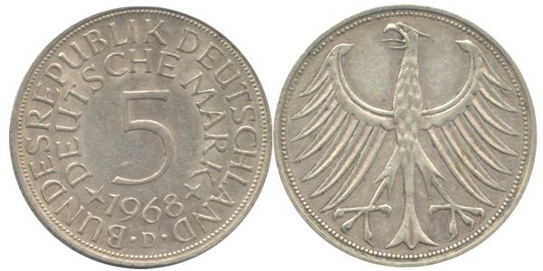 BRD 5 DM J387 Kursmünze Silber 1968 D circ. Heiermann Vorderseite und Rückseite zusammen Bundesrepublik Deutschland