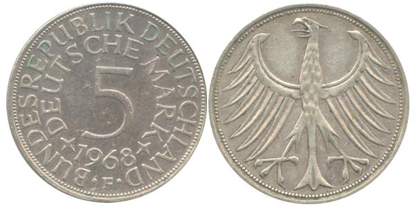 BRD 5 DM J387 Kursmünze Silber 1968 F circ. Heiermann Vorderseite und Rückseite zusammen Bundesrepublik Deutschland