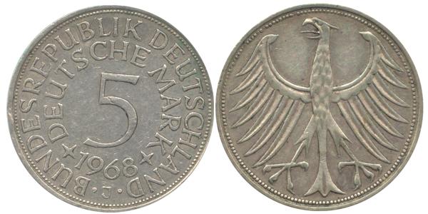 BRD 5 DM J387 Kursmünze Silber 1968 J circ. Heiermann Vorderseite und Rückseite zusammen Bundesrepublik Deutschland