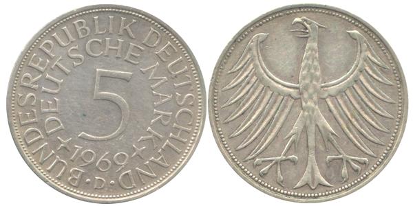 BRD 5 DM J387 Kursmünze Silber 1969 D circ. Heiermann Vorderseite und Rückseite zusammen Bundesrepublik Deutschland