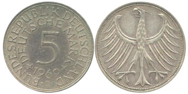 BRD 5 DM J387 Kursmünze Silber 1969 J circ. Heiermann Vorderseite und Rückseite zusammen Bundesrepublik Deutschland