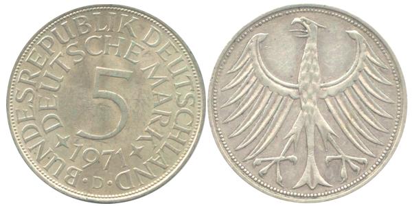 BRD 5 DM J387 Kursmünze Silber 1971 D zirkuliert Heiermann Vorderseite und Rückseite zusammen Bundesrepublik Deutschland