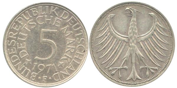 BRD 5 DM J387 Kursmünze Silber 1971 F zirkuliert Heiermann Vorderseite und Rückseite zusammen Bundesrepublik Deutschland