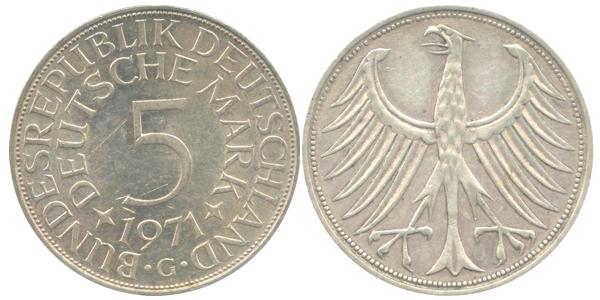 BRD 5 DM J387 Kursmünze Silber 1971 G zirkuliert Heiermann Vorderseite und Rückseite zusammen Bundesrepublik Deutschland